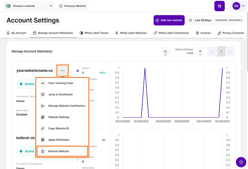 Entfernen einer Website aus Ihrem Konto