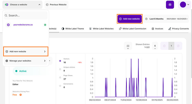 Eine neue Website zu Ihrem Konto hinzufügen