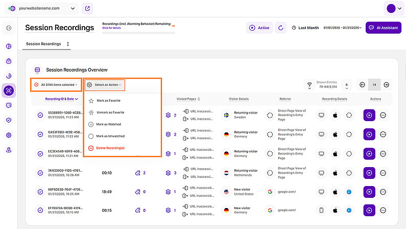 Select a Bulk Action for Session Recordings