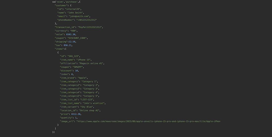 JavaScript purchase event payload showing transaction, currency, order value, and item details