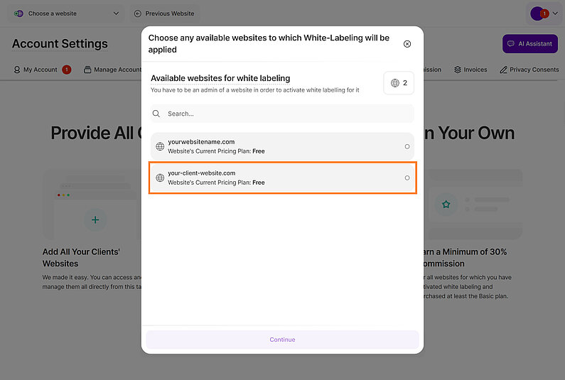 Select Website for White-Label Activation Select Website for White-Label Activation