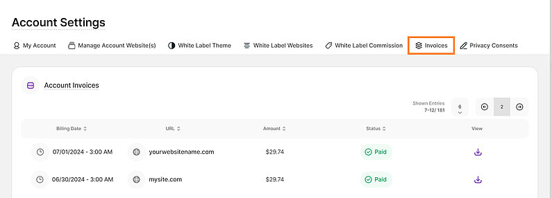 Verwalten Sie Rechnungen für alle Ihre Webseiten