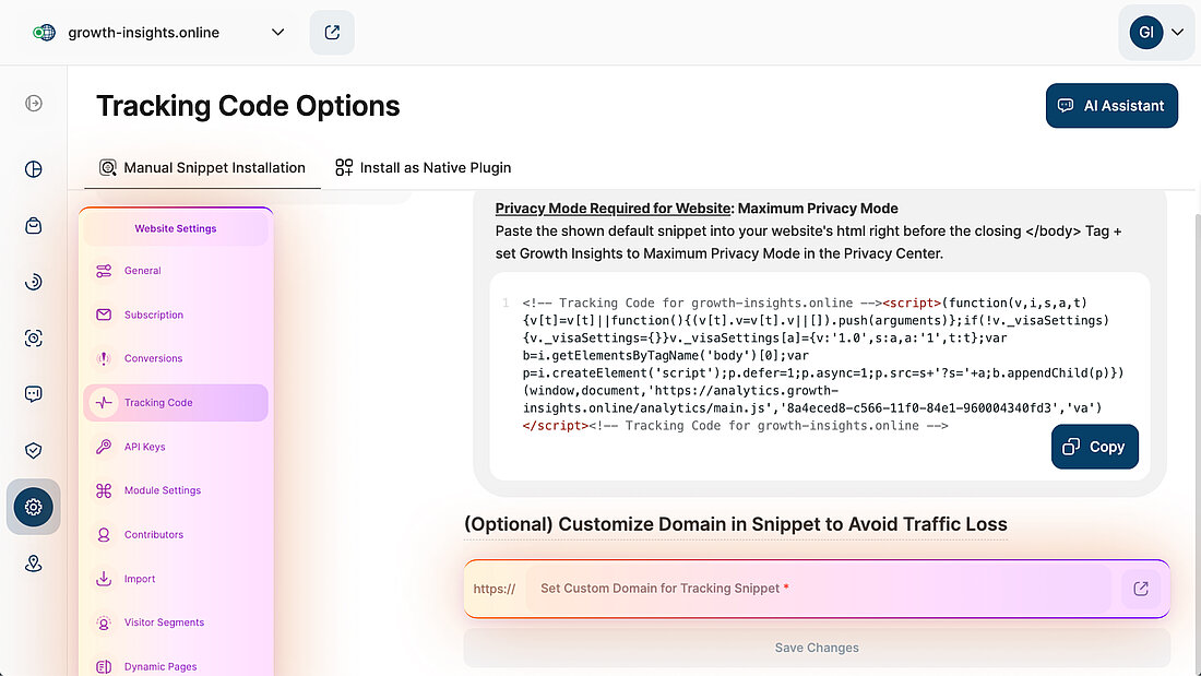 Platform settings screenshot showing navigation to Tracking Code options and the custom domain field for the tracking snippet highlighted